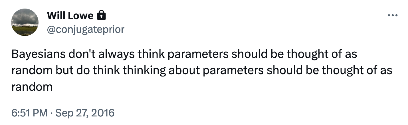 Bayesians don't always think parameters should be thought of as random but do think thinking about parameters should be thought of as random