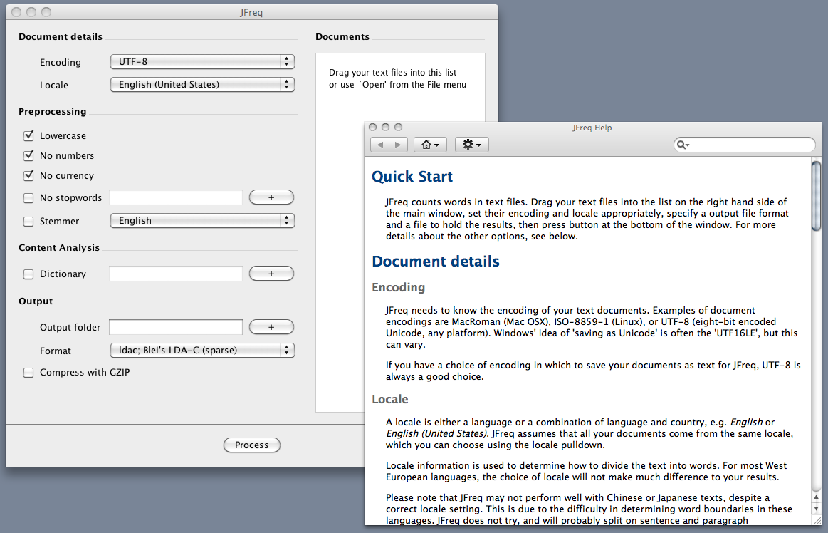 Screenshot of JFreq with help open, on a
 Mac